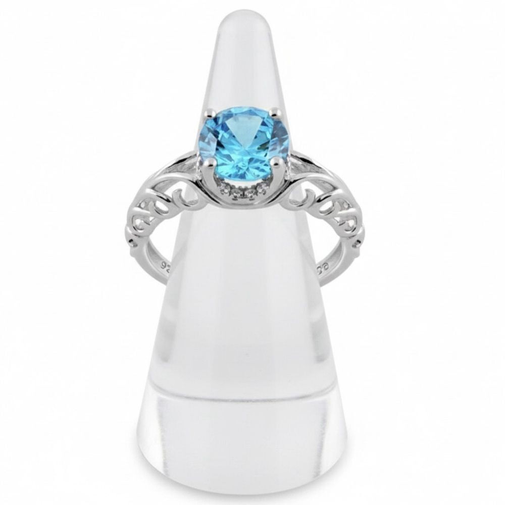 Sterling Silver Swirl Design Swiss Blue Topaz and White Topaz CZ Filigree Ring